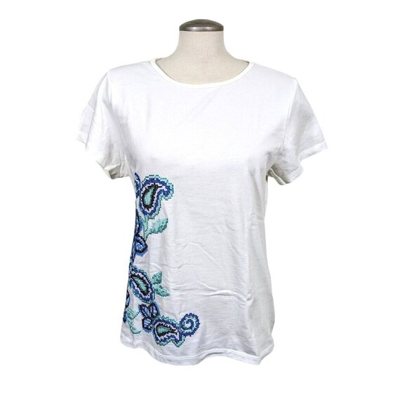 Liz Claiborne Embroidered Top Womens XL White Floral Short Sleeve - Picture 1 of 4
